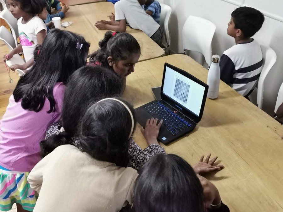 Students reviewing a game on a laptop